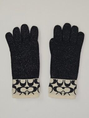 Coach Signature Knit Tech Gloves Black Metallic Lurex Logo Cuff Small